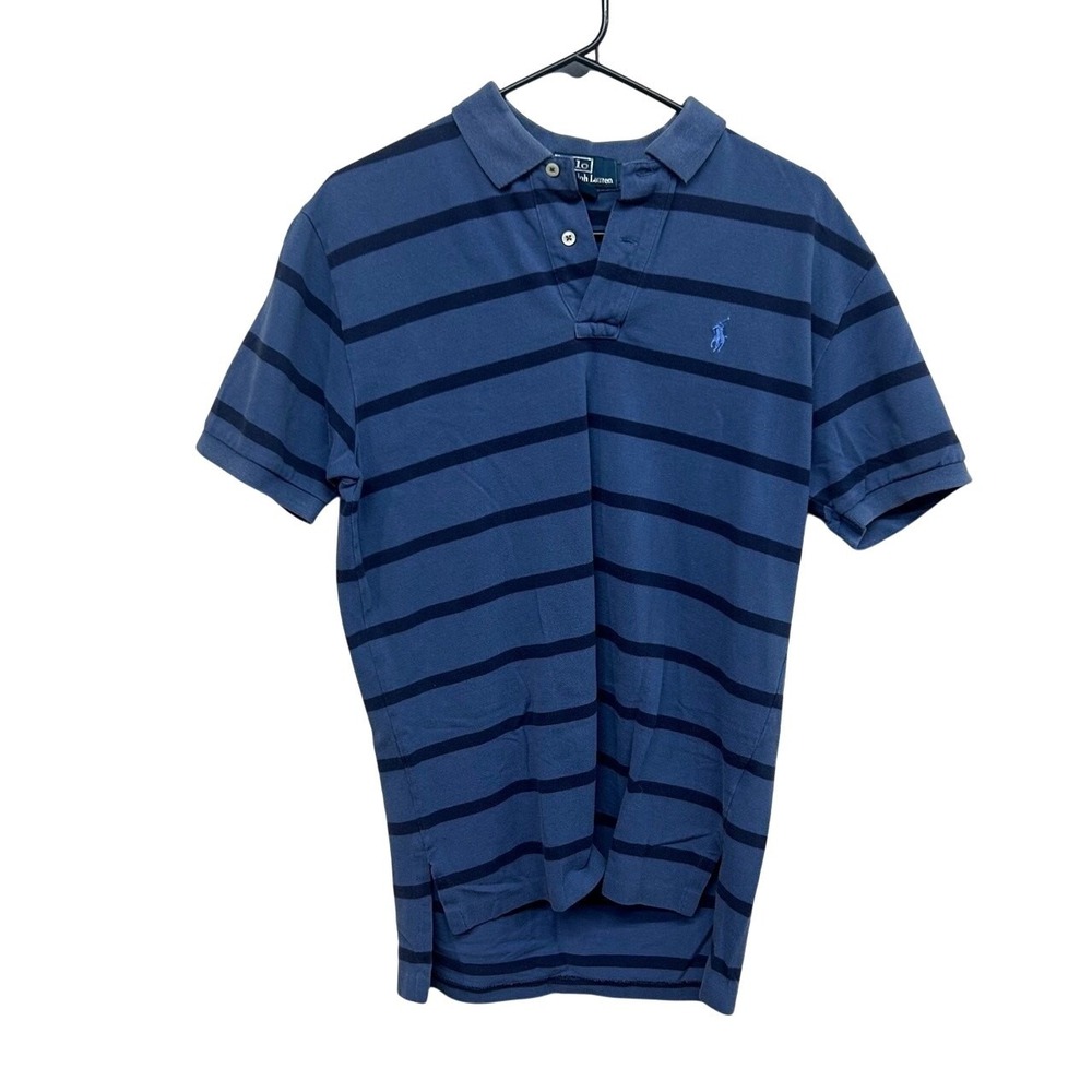 Ralph Lauren Polo Shirt Mens M Navy Blue Stripe Cotton Classic Preppy Logo Casua